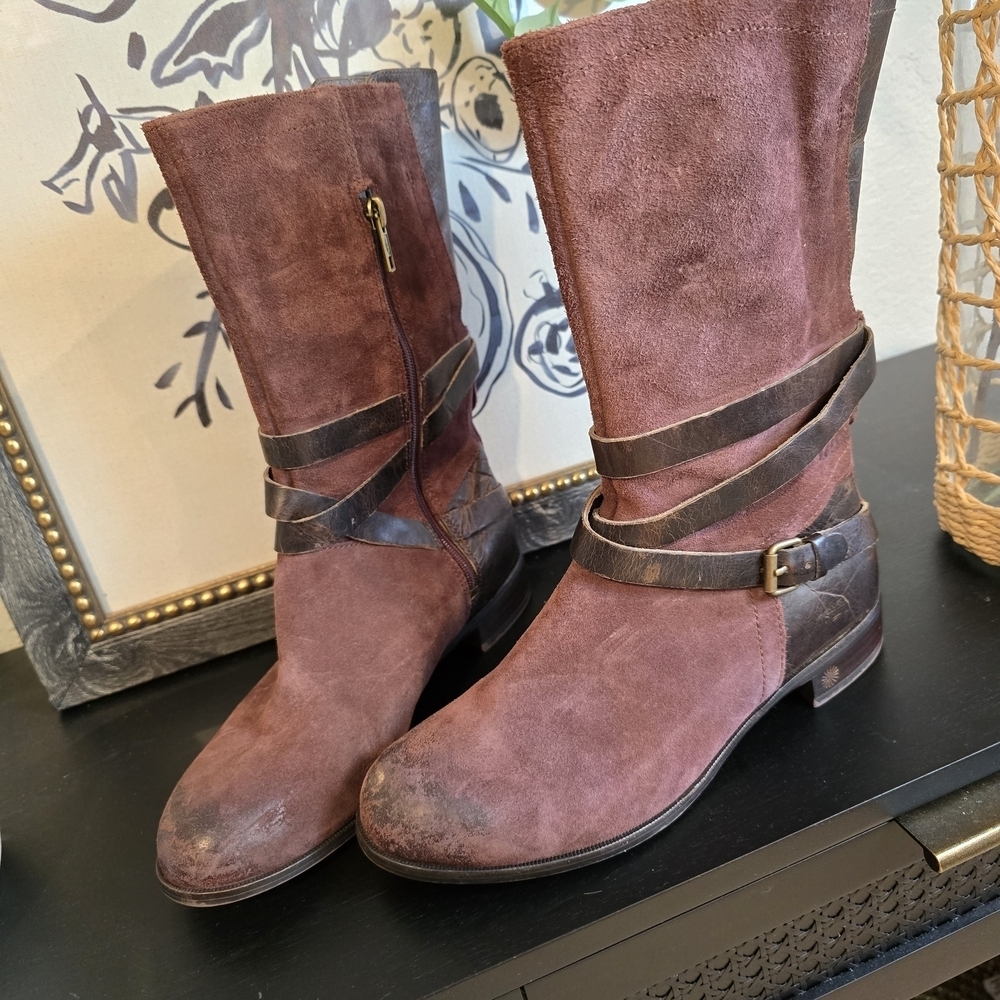 Ugg Women’s Deanna Suede Mid Calf Leather Riding Boots Deep Bordeaux 7